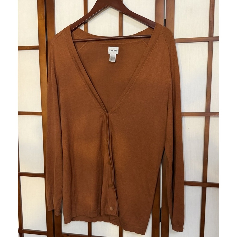 Chico's 2-Large Brown Silk and Cotton Micro Knit Long Lightweight Brown Cardigan